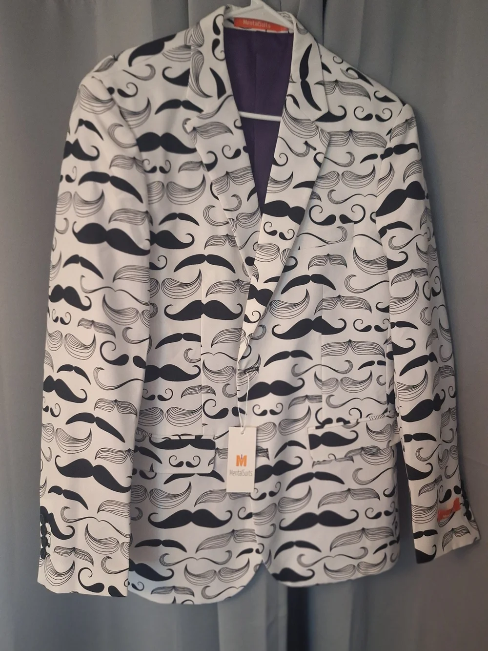 Men's White MentalSuits Suit with Black Mustache Print, Tie Included, Size